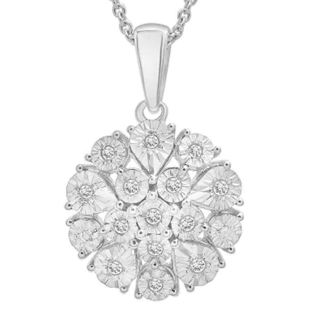 Diamond Flower Burst Cluster 18" Pendant Necklace (1/10 ct.) in Sterling Silver